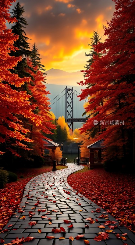 秋日暖阳下的红叶小径