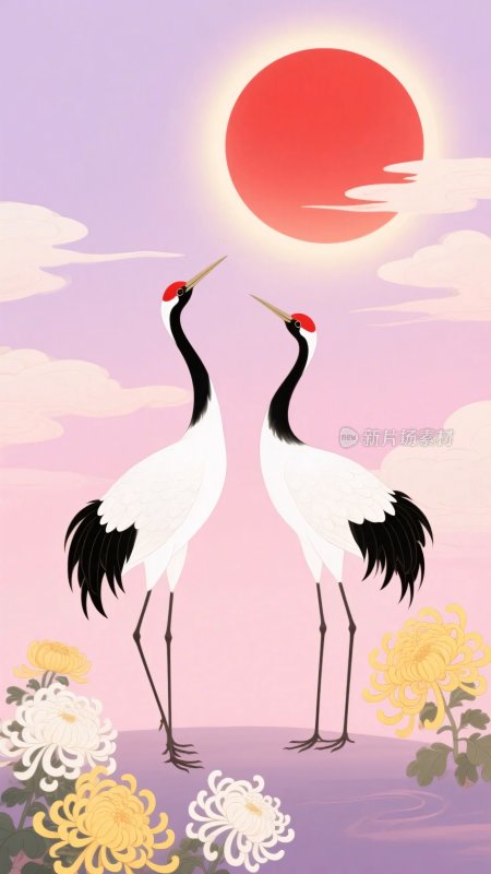 双鹤朝阳插画