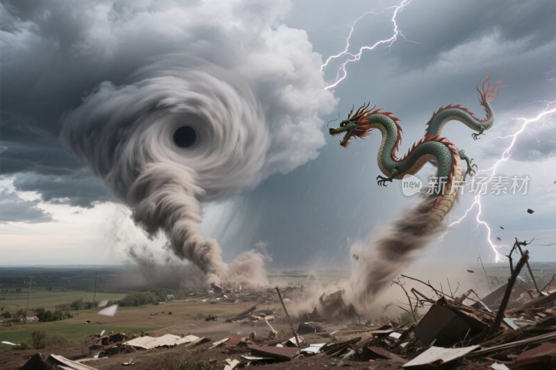 龙与龙卷风风暴插画