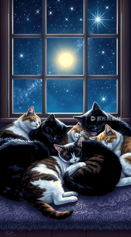 窗前月下猫咪梦乡