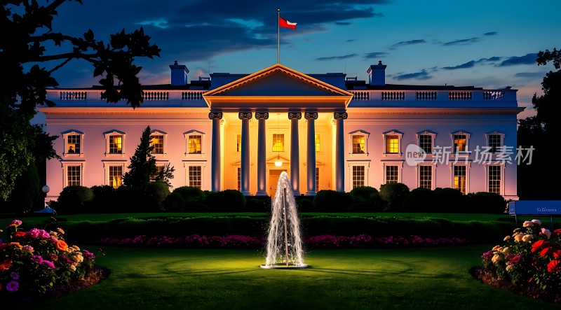 白宫夜景灯光璀璨花园喷泉美丽壮观