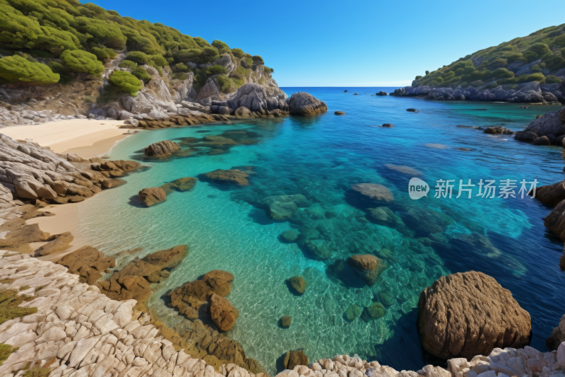 一个清澈的蓝色海水有岩石和海滩风景图片