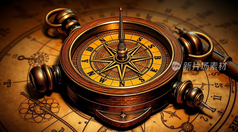 古铜色指南针与地图