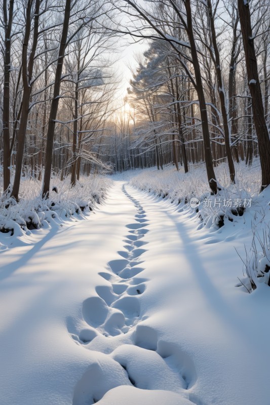 雪地里的小路上有人们行走的脚印风景图片