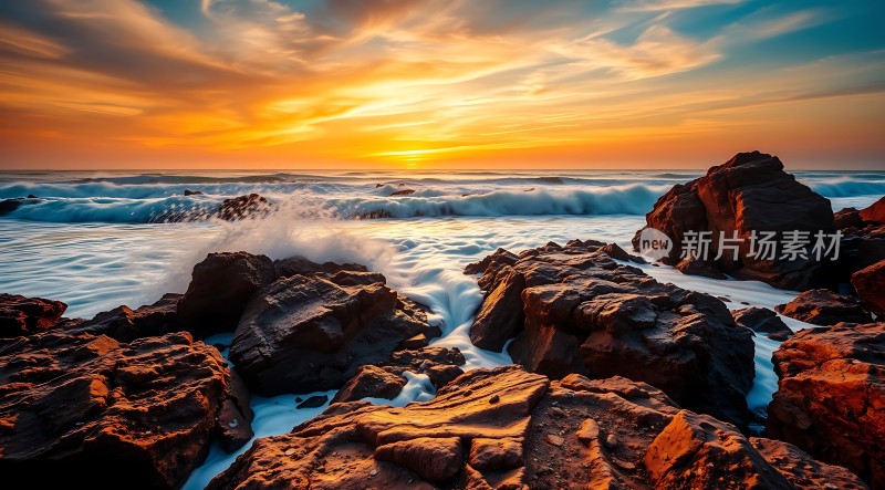 日落时分的海浪与岩石