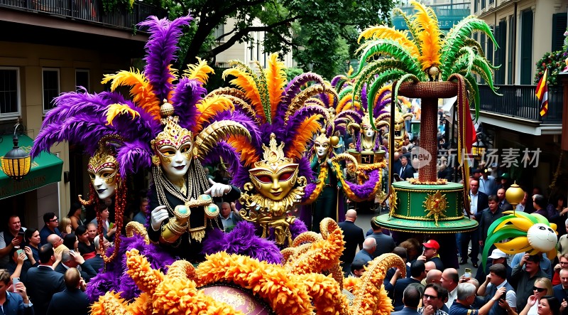 狂欢节盛装游行色彩斑斓面具华丽人群围观