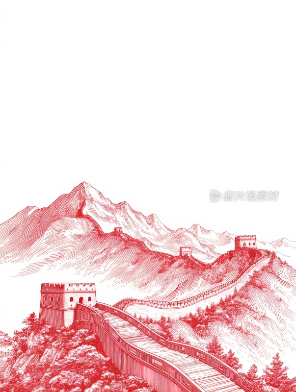 红色线条勾勒的长城