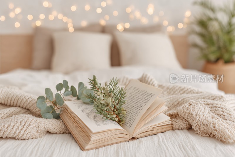 床上翻开的书与绿植装饰画面