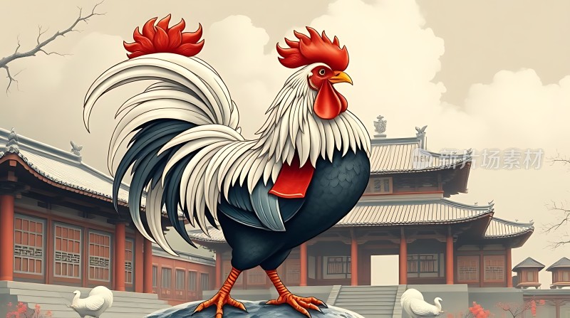 雄鸡报晓迎新岁古建筑旁显威风