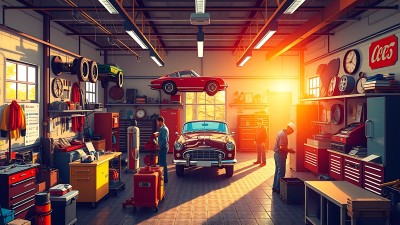 阳光下的经典车库复古汽车与工具的世界
