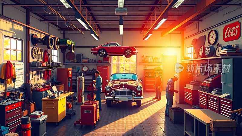 阳光下的经典车库复古汽车与工具的世界