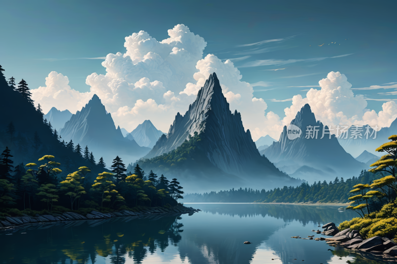 一个山湖几棵树和一座高山清风景插画图片