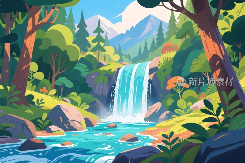 森林瀑布风景插画