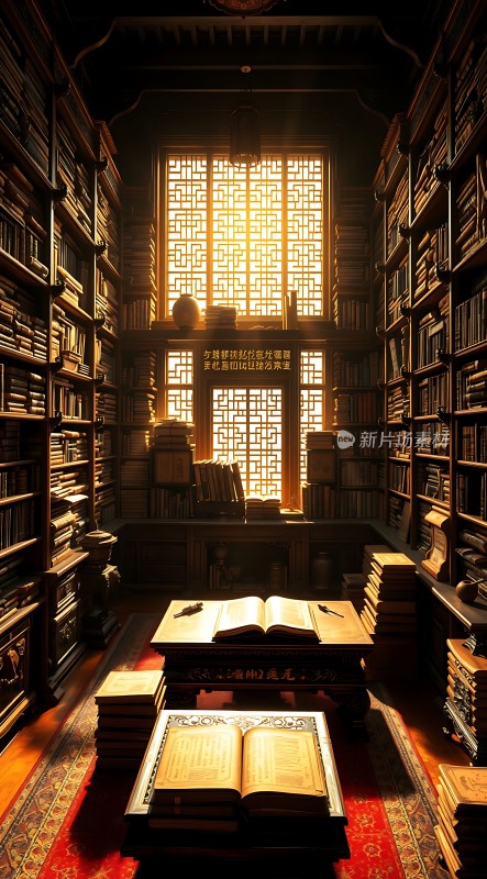 古色古香书房书架高耸阳光洒落静谧而富有书香气息