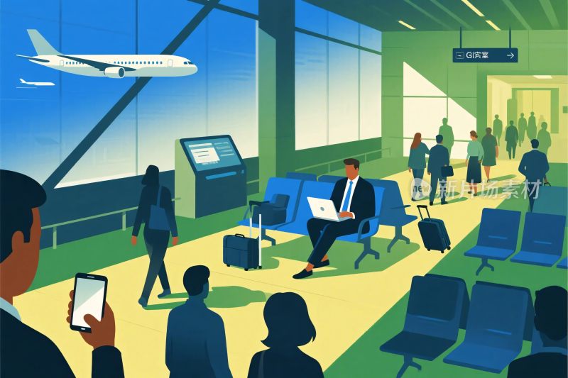 机场候机场景插画