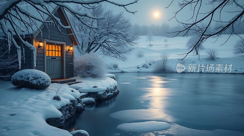 雪夜小屋与冰湖
