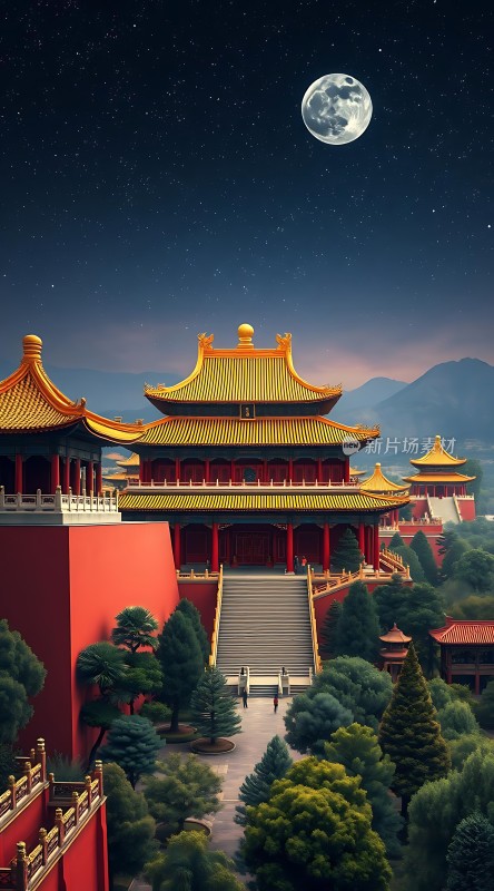 夜幕下的古建筑群月亮高悬树木环绕