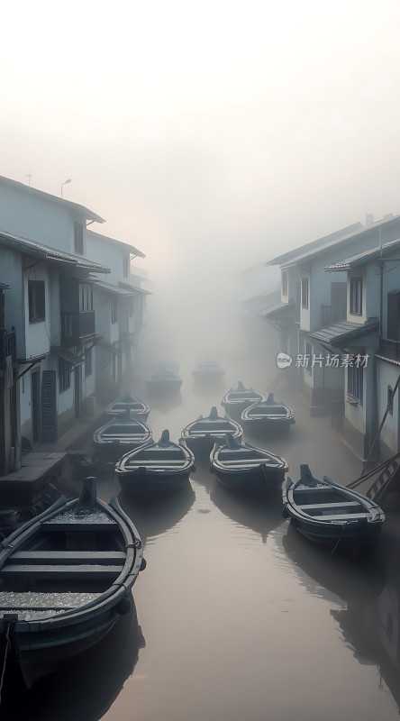 雾中船影映古巷