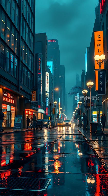 霓虹灯下的雨夜街头