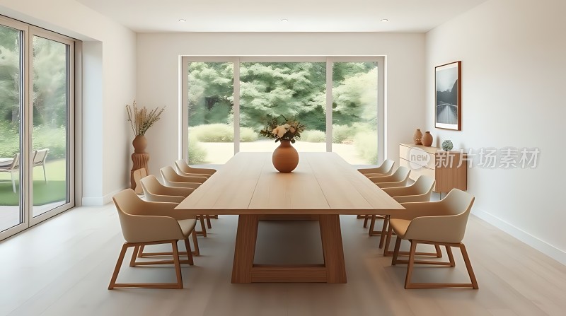 现代简约餐厅木质餐桌椅自然光线充足窗外绿意盎然