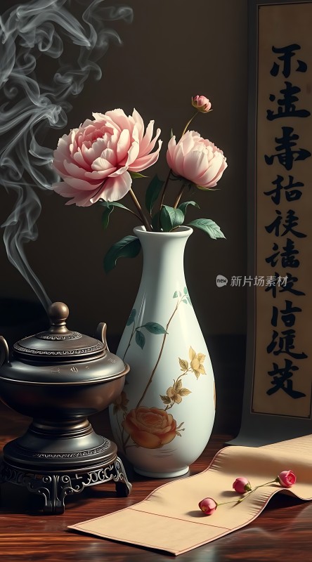 古香古色花瓶静置墨香四溢书卷旁