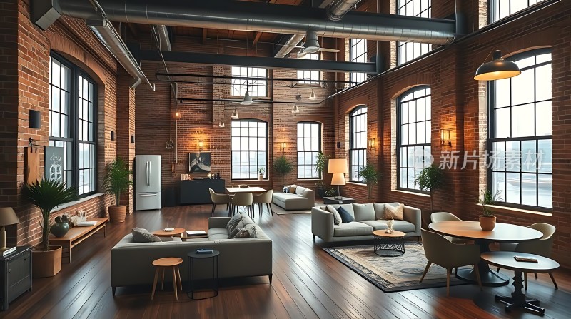 工业风大宅砖墙木地板现代家具与绿植相得益彰