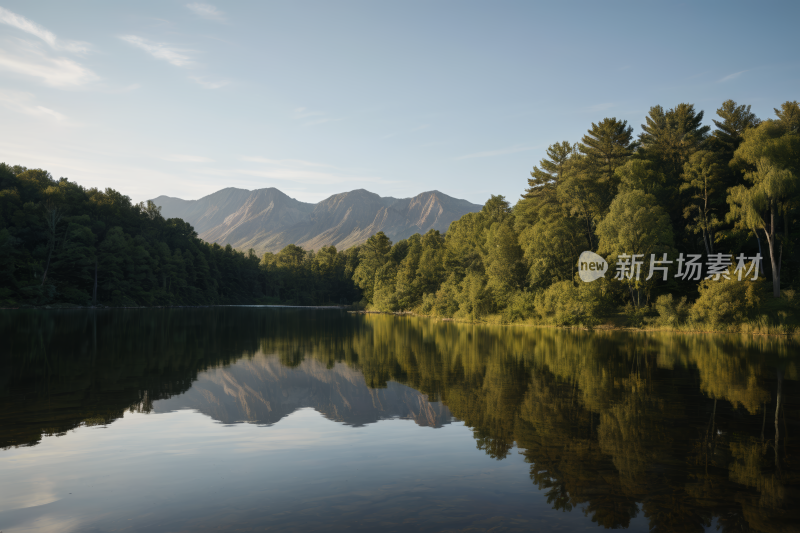 树木倒映在湖水中山脉高清风景图片