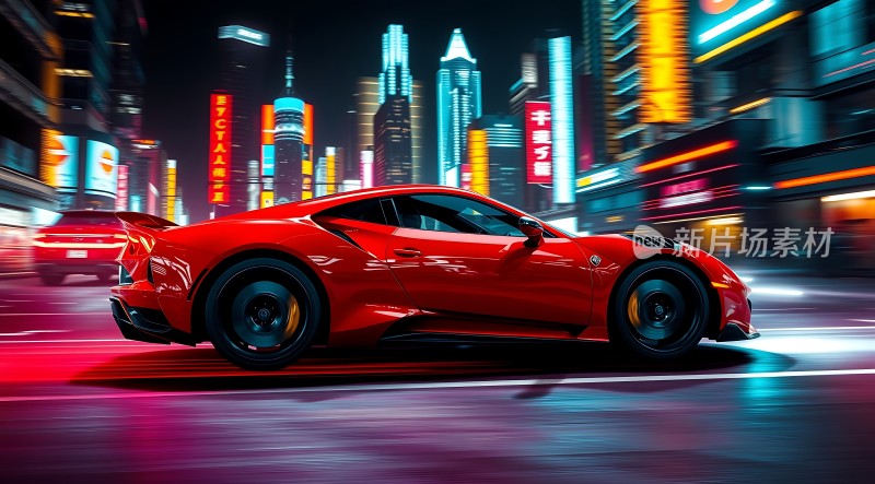 红色跑车疾驰夜色都市