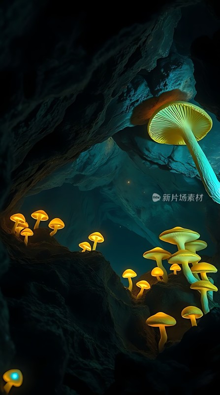 神秘洞穴中的发光蘑菇