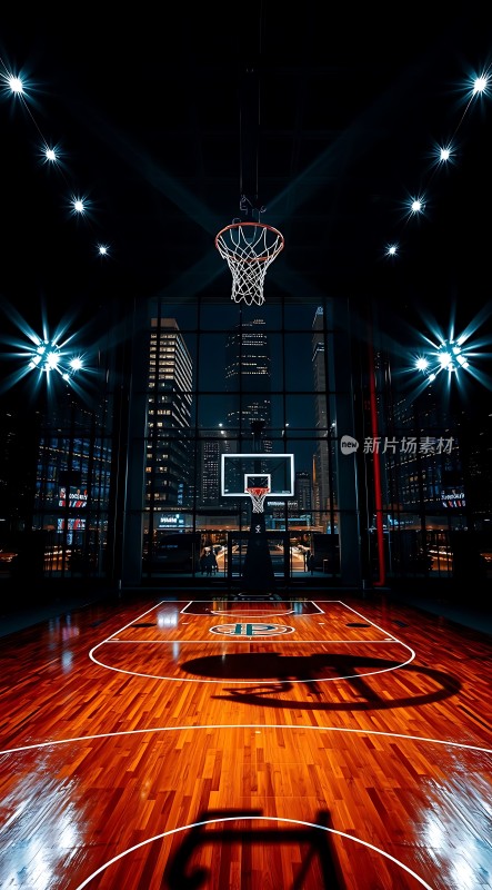 城市夜景下的室内篮球场
