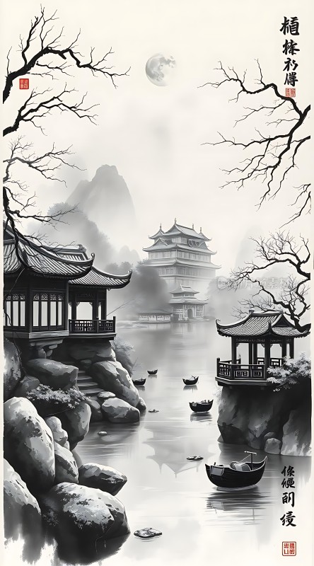 月下古亭静卧水波上