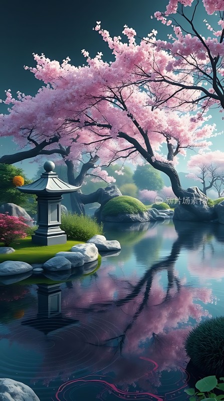 春意盎然湖畔樱影