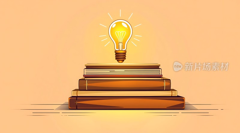 书籍堆上的发光灯泡