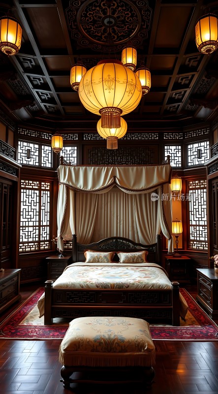 古风卧室木制床铺与灯笼吊灯交相辉映