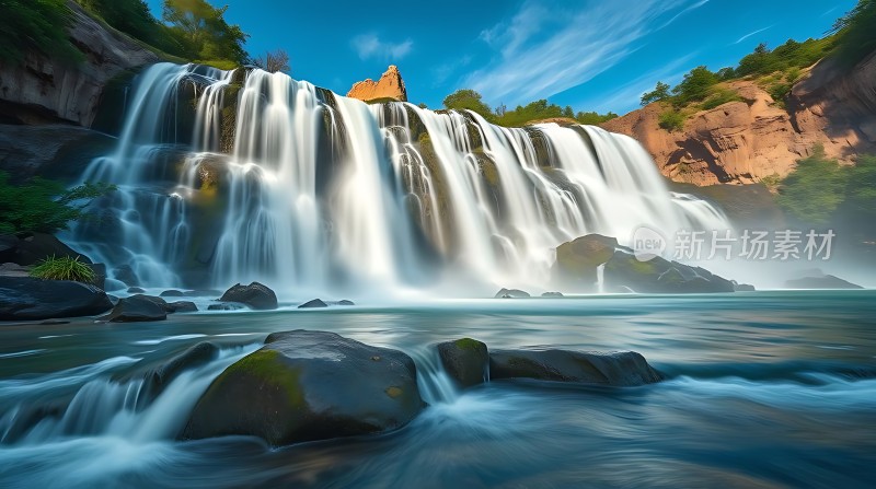 瀑布飞流直下碧波荡漾绿树成荫蓝天白云映衬