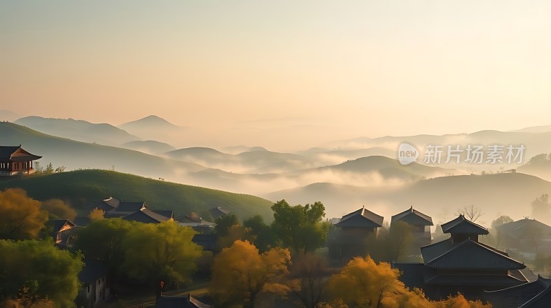 晨雾中的古村落