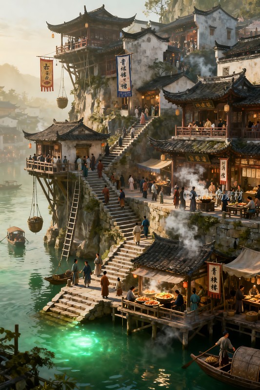 古风水乡青楼酒肆绿波荡漾人潮涌动