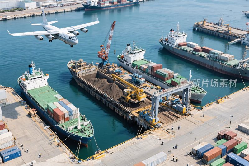 港口货轮飞机作业图