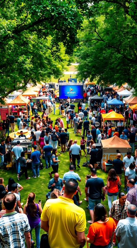 **夏日集市狂欢节绿意盎然人群熙攘**