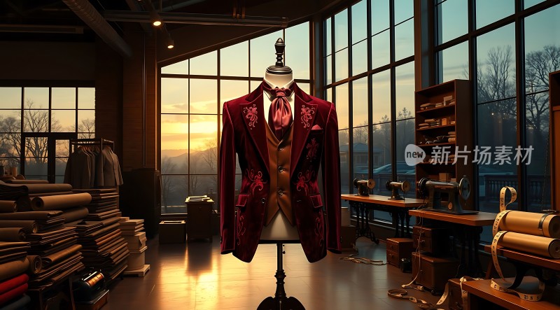 红色西装展示夕阳下的裁缝工作室