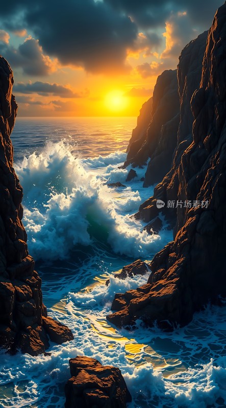 日落时分的海浪与岩石