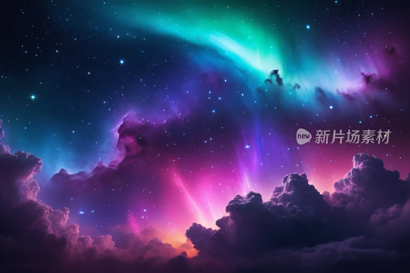 紫色和蓝色的极光带有星星和云彩背景图片