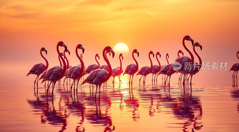 火红夕阳映照下的火烈鸟群