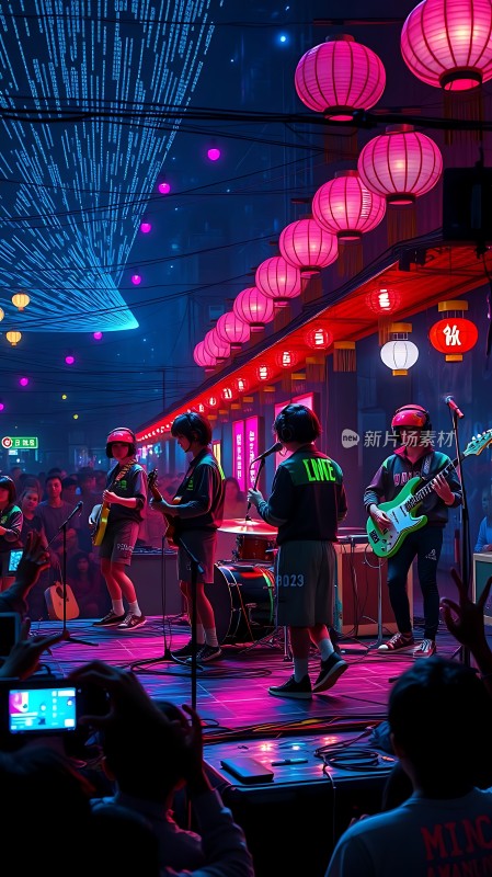 霓虹灯光下乐队激情演出观众热情高涨