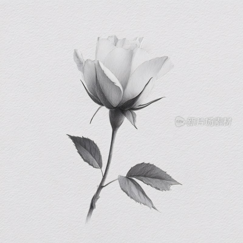 黑白单枝玫瑰花插画