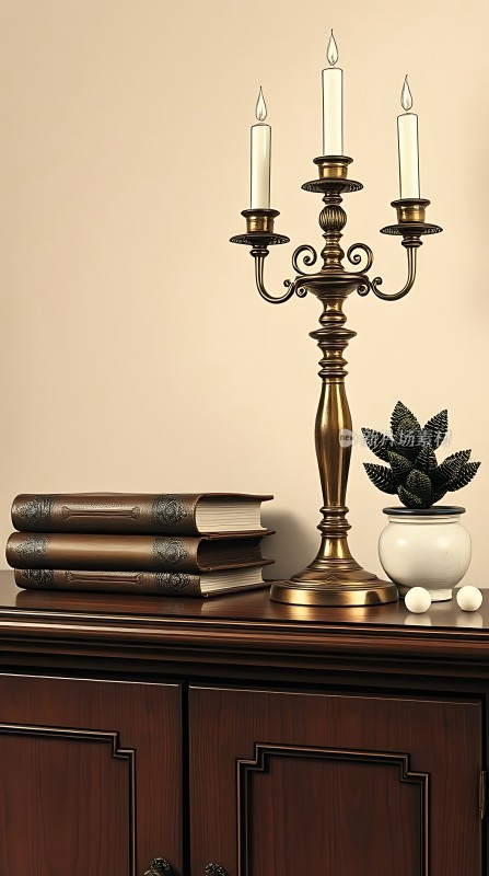 古铜烛台与书籍盆栽静物组合