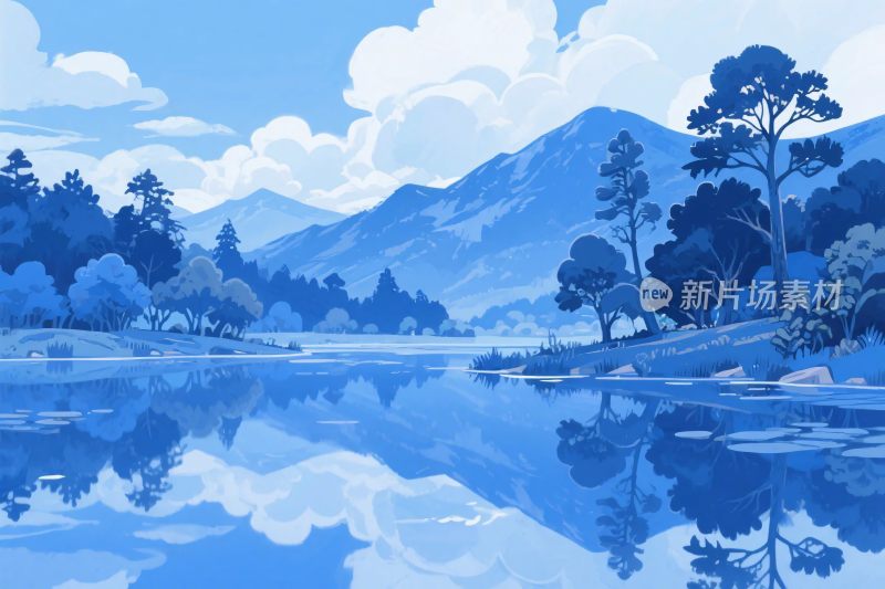 山水湖景插画