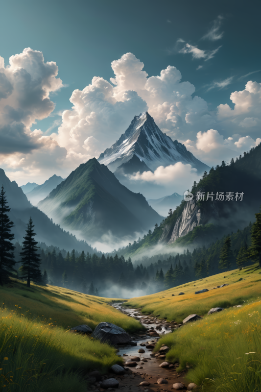 山脉一条小溪流过一座高山清风景插图片