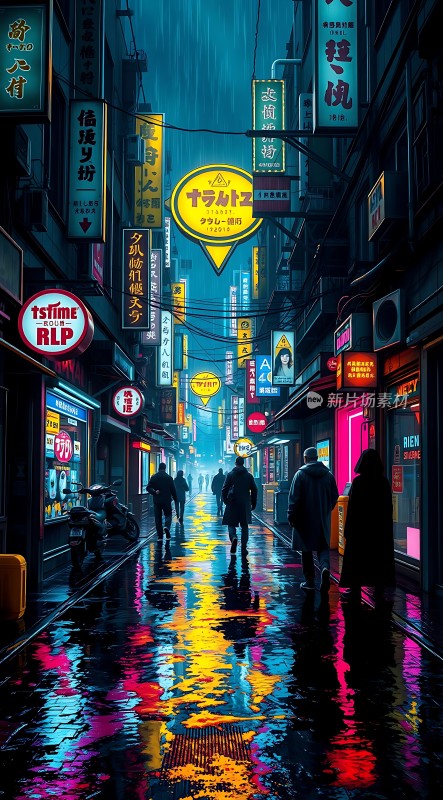 霓虹灯下的雨夜街头