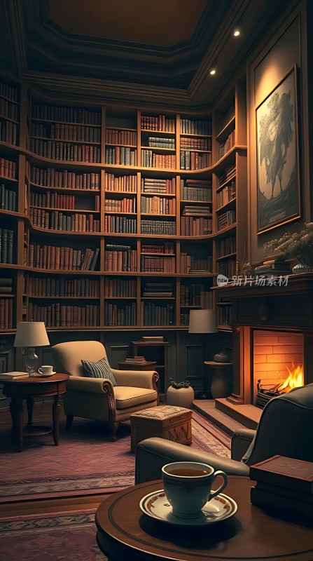 书架环绕的书房壁炉旁的舒适时光
